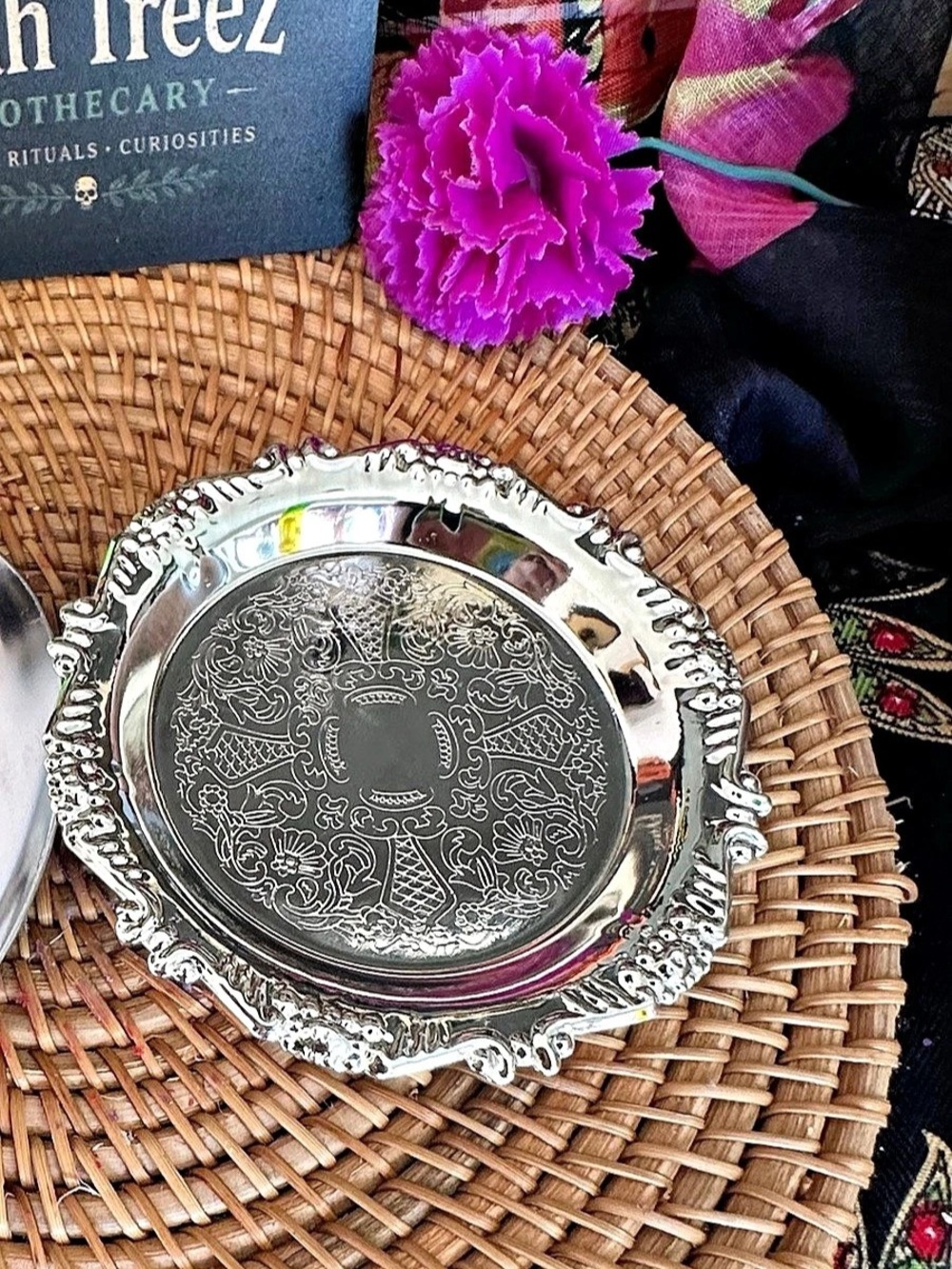Silver Ornate Ritual Dish – Small Metal Offering Plate